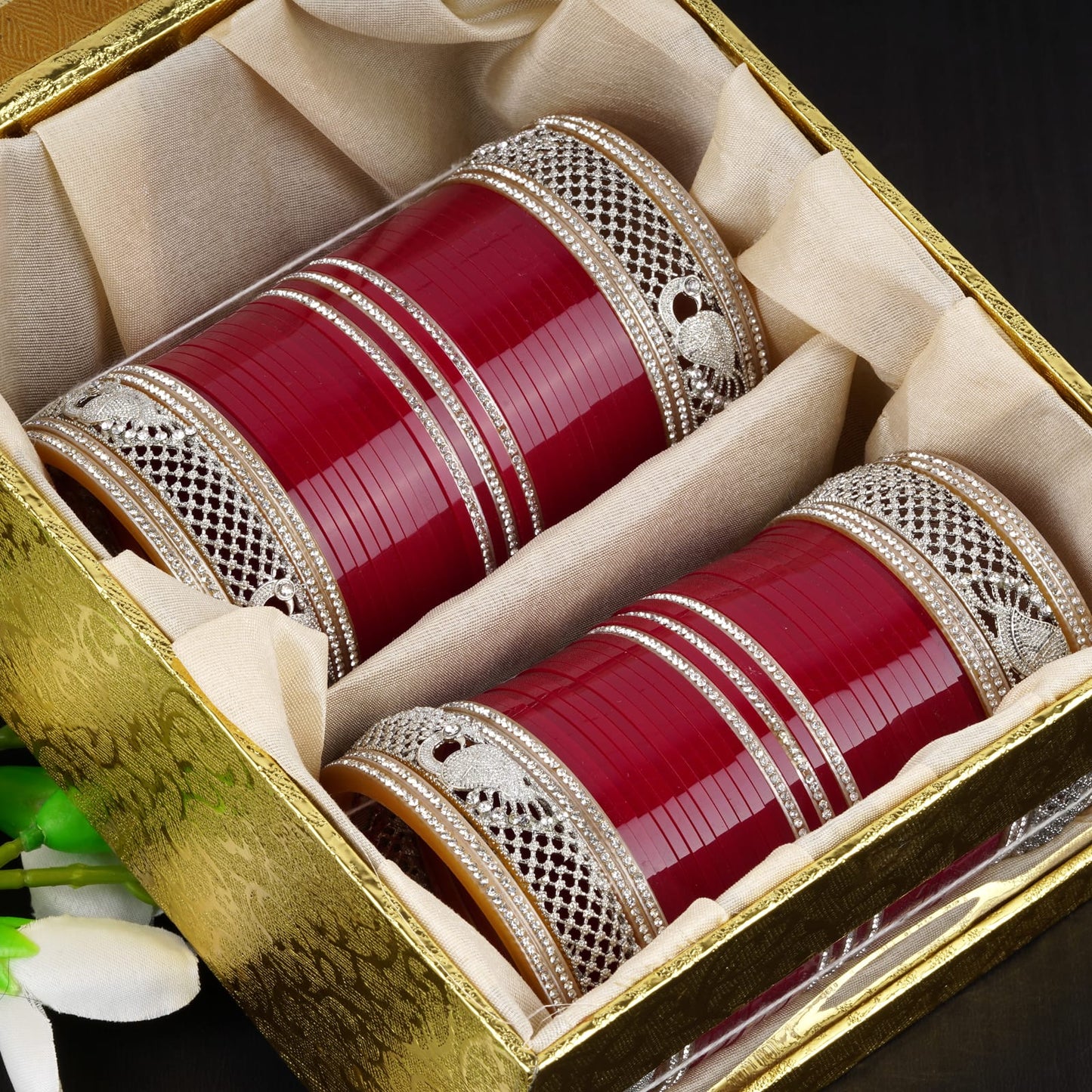 Stylish Bangles for bride with AD tuned Peacock shape