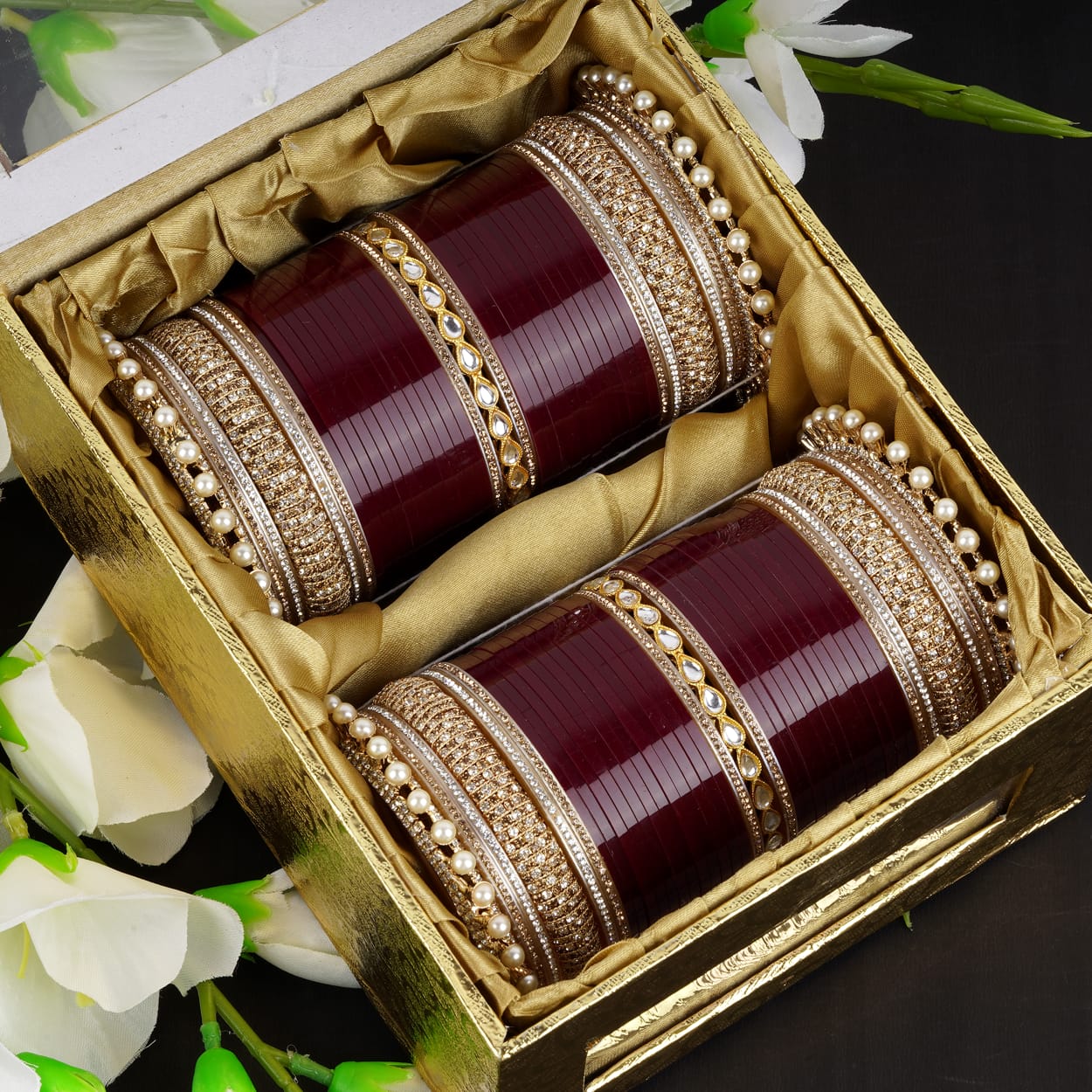 Archu bangles with double Kundan pearls