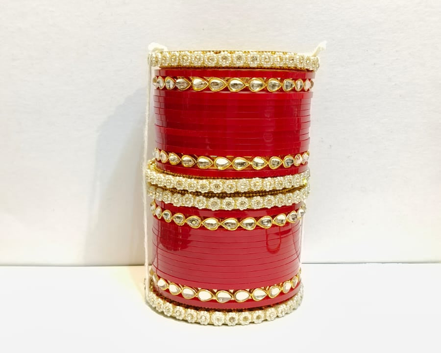 Red Colour Chura Golden Kundan For Party Wear