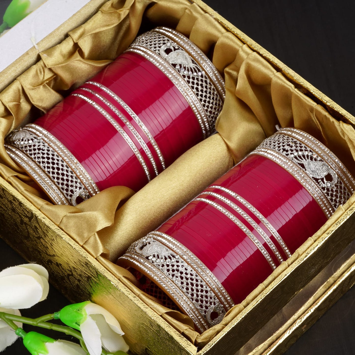 Stylish Bangles for bride with AD tuned Peacock shape