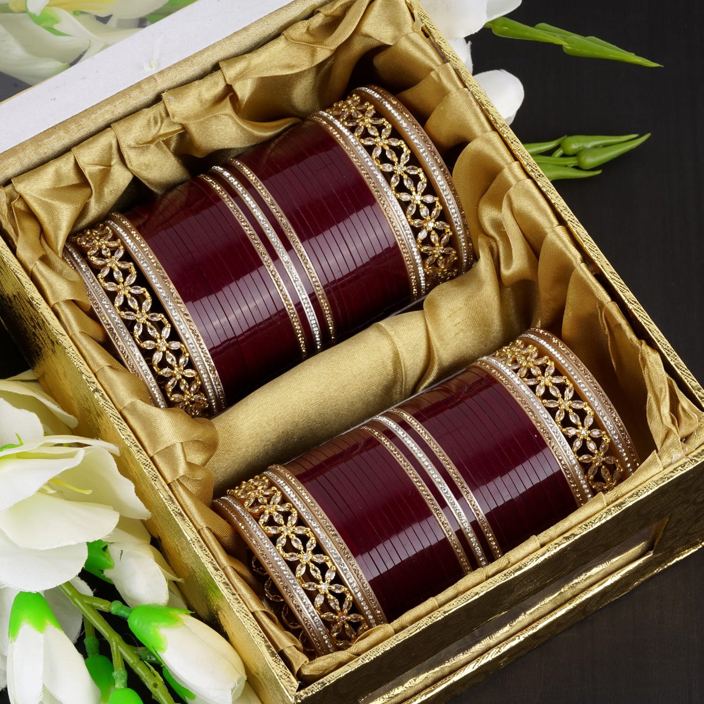 Premium Bridal Bangles with Flowers AD tuned
