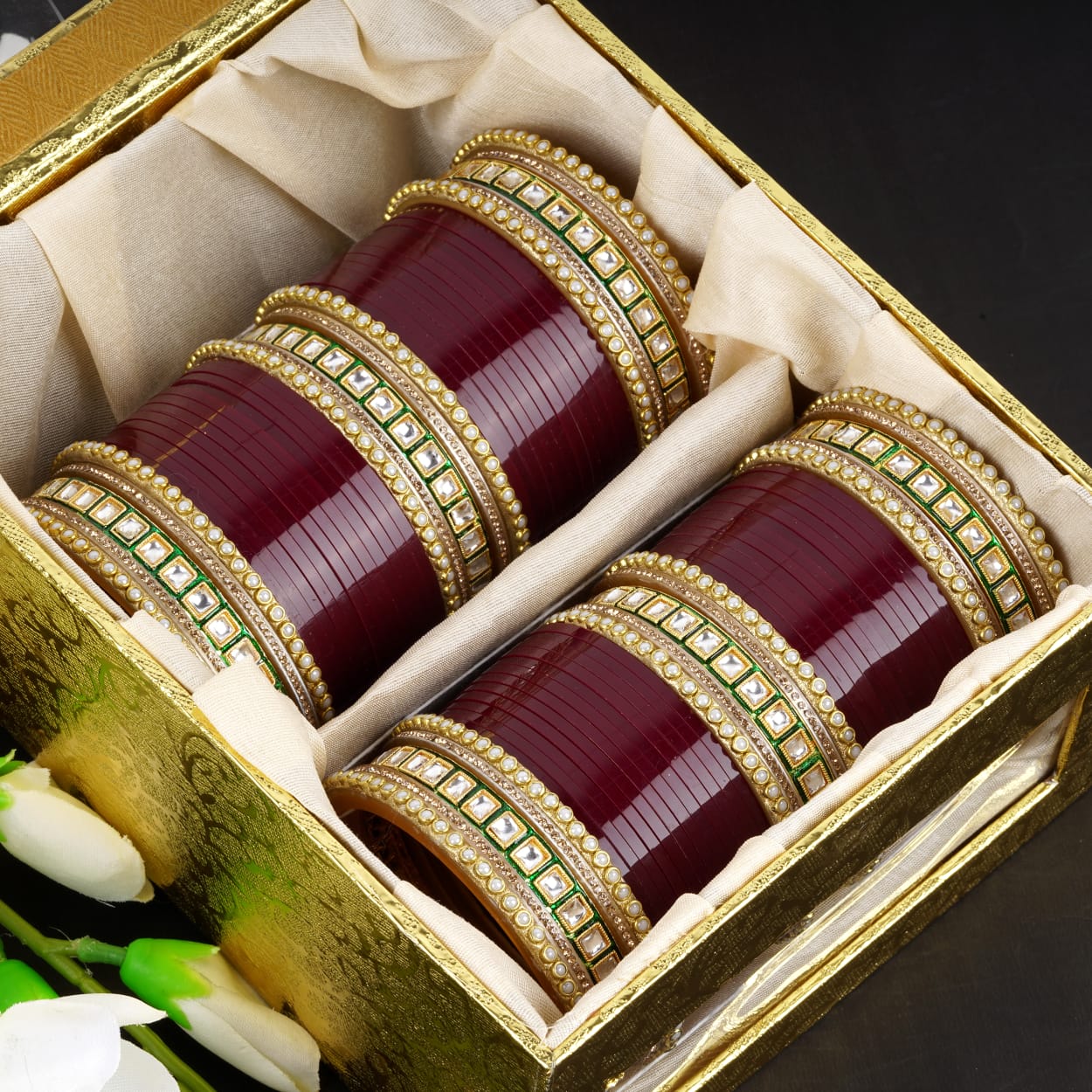 Meenakari Chura with Green Kundan