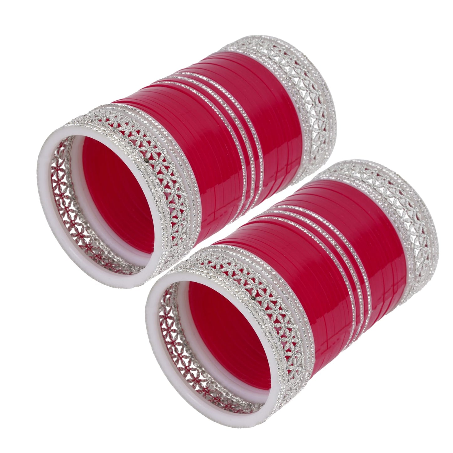 Silver kada detailing on red bridal chura