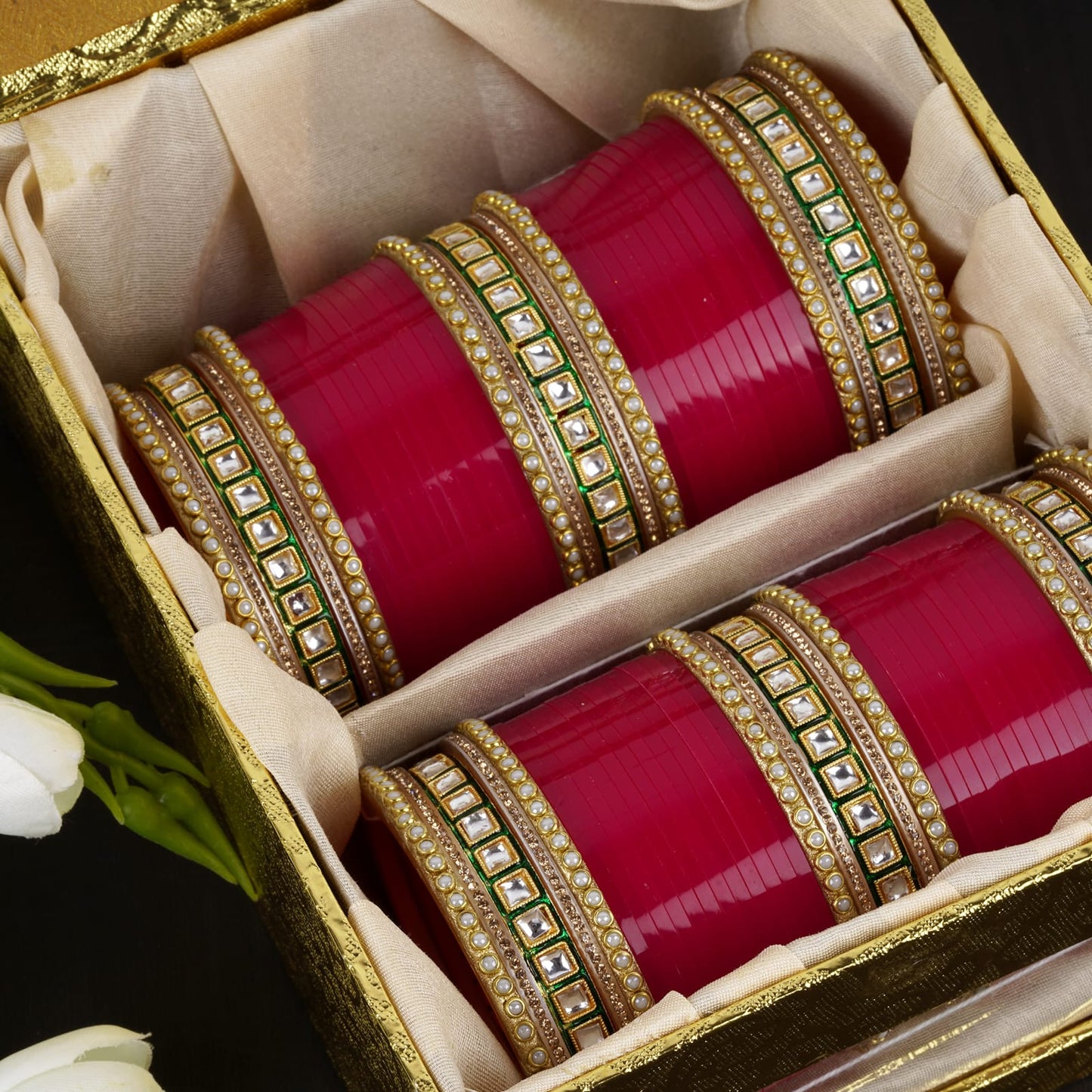 Meenakari Chura with Green Kundan