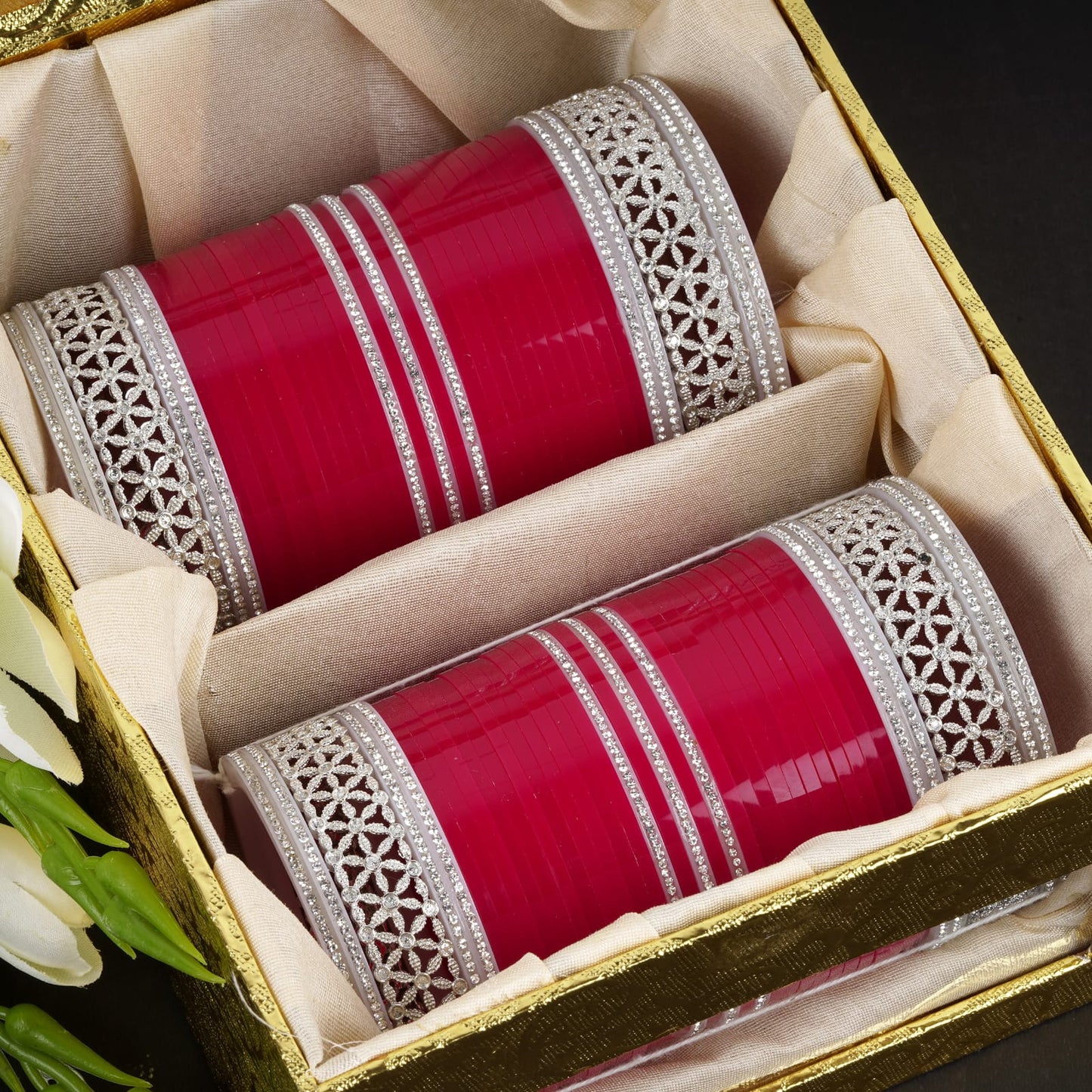Close shot of red bridal chura set