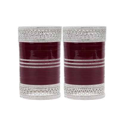 Red bridal chura set with silver kada detailing